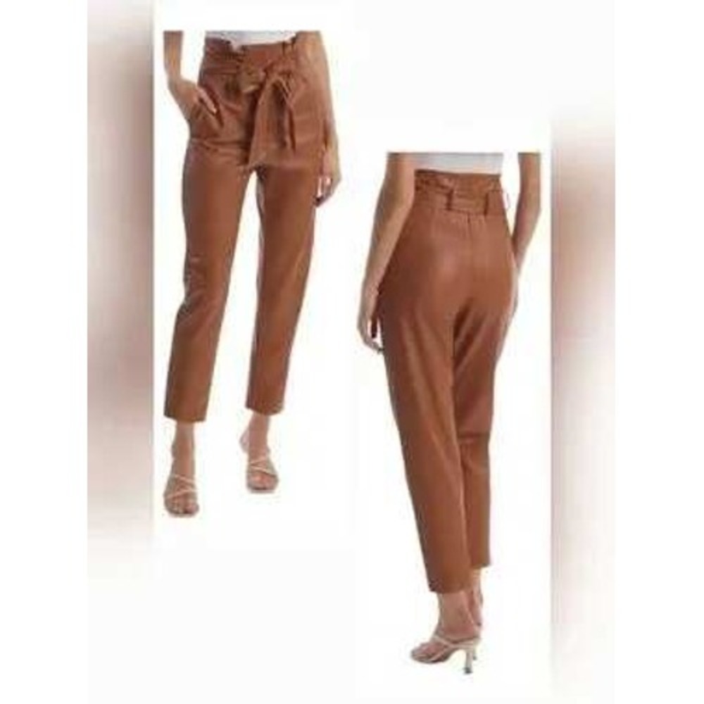 Commando Faux Leather Paperbag Pants Camel Tan High Waist Tie Belt Small